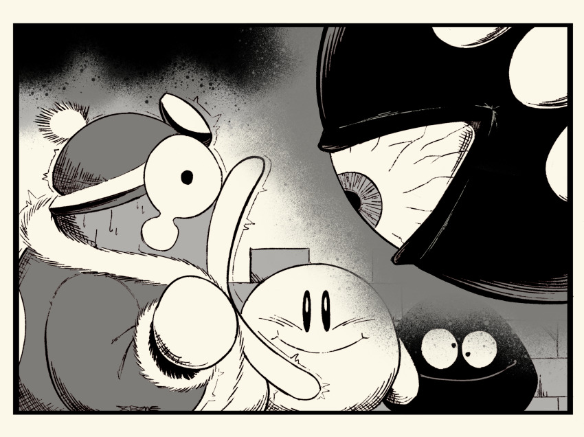 dark_matter_(kirby) gooey_(kirby) greyscale highres king_dedede kirby kirby&#039;s_dream_land_2 kirby_(series) monochrome nintendo one-eyed open_mouth pom_pom_(clothes) smile solid_oval_eyes trembling veins wall-eyed xtremexavier