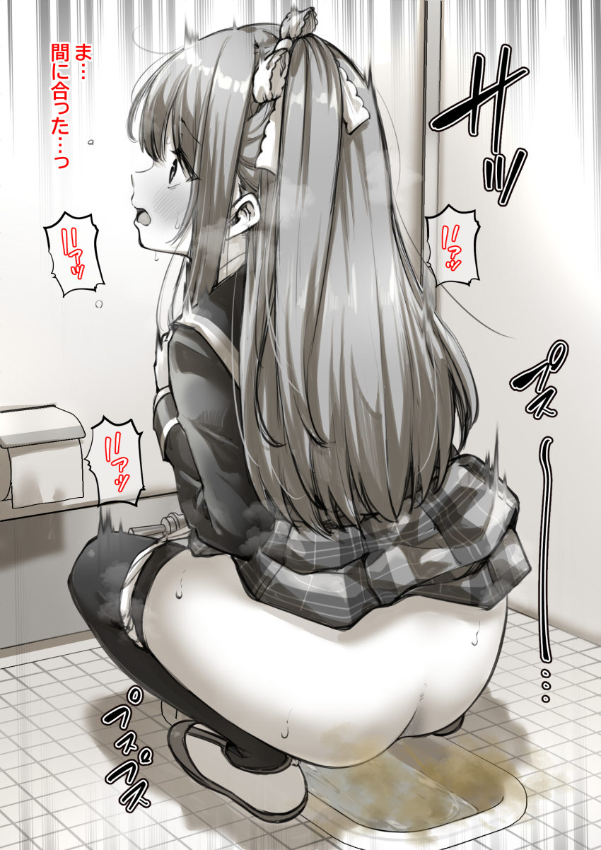 1girl ass blush character_request clothes_lift fart from_behind highres kapurikon loli long_hair monochrome panties panty_pull public_restroom school_uniform serafuku skirt skirt_lift solo squat_toilet squatting sweat tagme text_focus thighhighs toilet_paper underwear