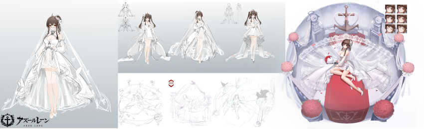 1girl absurdres alternate_hairstyle azur_lane bouquet bridal_veil bride brown_hair chinese_commentary closed_mouth commentary_request concept_art congqian_you_ke_xing copyright_name detached_sleeves dress flower frilled_thigh_strap glasses hair_bun high_heels highres incredibly_absurdres london_(azur_lane) london_(platinum_ceremony)_(azur_lane) long_sleeves looking_at_viewer medium_hair multiple_expressions official_art on_bed puffy_long_sleeves puffy_sleeves red_eyes red_flower red_rose rose semi-rimless_eyewear sitting sketch smile solo standing thigh_strap two_side_up veil wedding_dress white_dress white_footwear yokozuwari