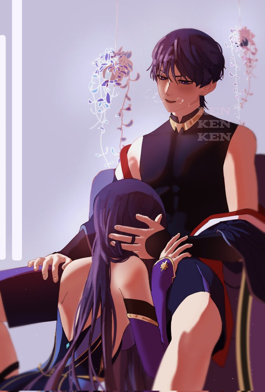 1boy 1girl alternate_hairstyle between_legs black_bodysuit black_kimono black_mouth black_sleeves bodysuit clothes_down covered_pectorals detached_sleeves fingernails genshin_impact gold gold_trim hair_down han&#039;eri hand_in_another&#039;s_hair hand_on_another&#039;s_wrist hand_on_own_thigh hand_up hands_on_another&#039;s_head head_down heavy_breathing hetero highres implied_fellatio japanese_clothes jewelry kimono layered_kimono leotard long_hair looking_at_another looking_down mandarin_collar mona_(genshin_impact) mona_(pact_of_stars_and_moon)_(genshin_impact) moriko_ken11 neck_ring open_clothes open_kimono open_mouth pectorals purple_eyes purple_hair purple_leotard purple_sleeves red_kimono scaramouche_(genshin_impact) short_sleeves spread_legs strapless strapless_leotard teeth toned toned_male upper_teeth_only white_kimono wispy_bangs