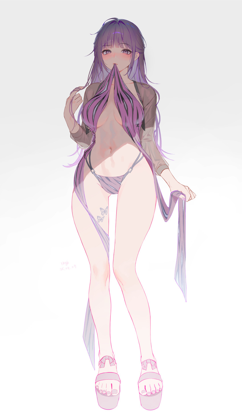 1girl absurdres bikini black_bikini black_sleeves blush breasts butterfly_tattoo collarbone full_body highres large_breasts leg_tattoo long_hair looking_at_viewer mouth_hold myabit navel original purple_eyes purple_hair purple_sandals purple_sarong sandals sarong solo stomach swimsuit tattoo thighs