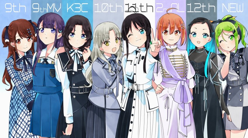 22/7 6+girls antenna_hair ato_de_wakaru_koto black_hair blue_eyes blue_hair boku_wa_konya_deteiku bow braid brown_eyes brown_hair buttons commentary_request cropped_jacket double-breasted dress green_eyes green_hair hair_ornament hairband highres himuro_mizuki ichinose_hotaru kamisama_datte_kimerarenai keisanchuu_new_costume kiryu_touko kumorizora_no_mukou_wa_hareteiru long_hair looking_at_viewer multicolored_hair multiple_girls nagamine_kaede nishiura_sora open_mouth orihara_sumika pinafore_dress purple_eyes ribbon sera_honoka shirt_under_dress short_hair single_braid sleeveless sleeveless_dress smile trefle_r v yagami_toa yes_to_no_no_aida_ni