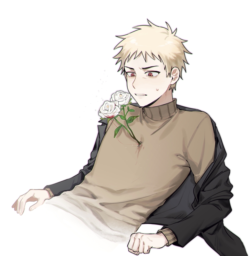 1boy atou_haruki black_jacket blonde_hair blood blood_on_flower brown_sweater chinese_commentary commentary_request cropped_torso flower highres jacket male_focus off_shoulder open_clothes open_jacket red_eyes rose saibou_shinkyoku short_hair simple_background siriusao solo sweat sweater turtleneck turtleneck_sweater white_background white_flower white_rose
