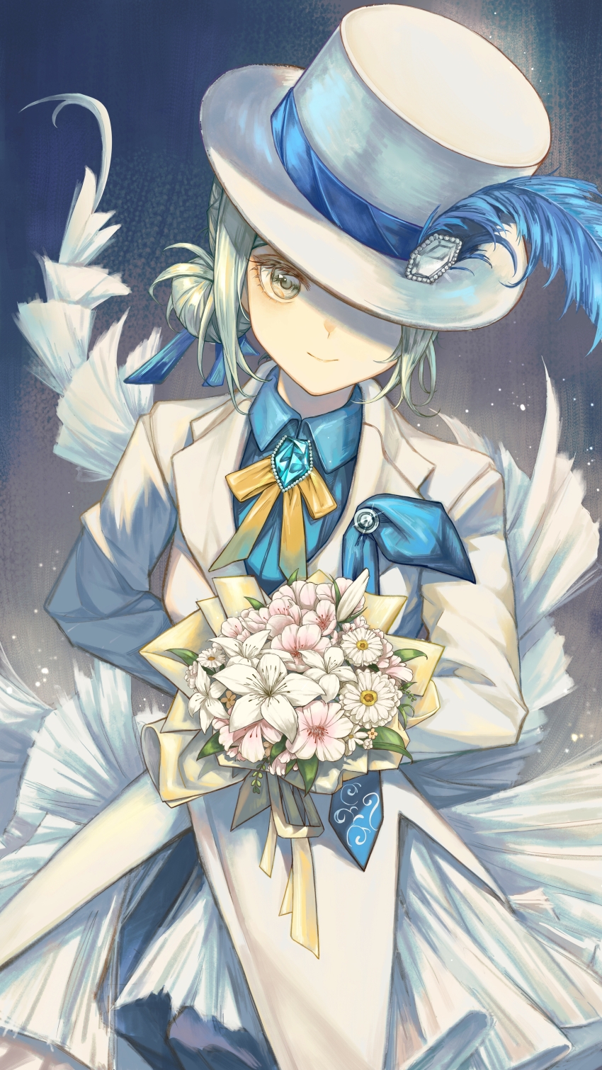 1girl absurdres blue_background blue_feathers blue_shirt boater_hat bouquet bow bowtie coat collared_shirt feathers flower grey_eyes hair_bun hat hat_feather hat_over_one_eye highres holding holding_bouquet looking_at_viewer official_alternate_costume one_eye_covered reverse:1999 shirt short_hair single_side_bun smile solo tongshan_treeless upper_body vertin_(ipstar)_(reverse:1999) vertin_(reverse:1999) white_coat white_flower white_hat yellow_bow yellow_bowtie