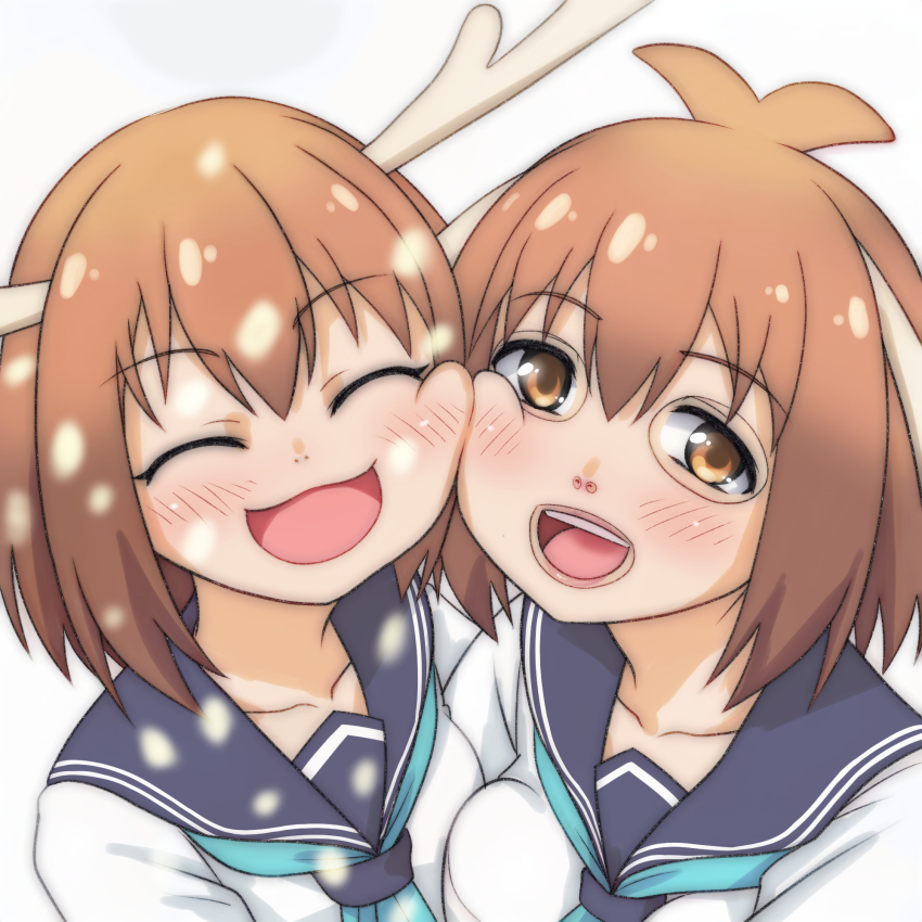 2girls :3 antlers bashame_meme blue_sailor_collar blue_skirt brown_hair deer deer_antlers deer_girl hand_on_another&#039;s_waist highres horns long_sleeves multiple_girls neckerchief open_mouth plant_hair sailor_collar school_uniform serafuku shikanoko_noko shikanoko_nokonoko_koshitantan shirt short_hair side-by-side skinsuit skirt smile t_jiroo_(ringofriend) white_shirt