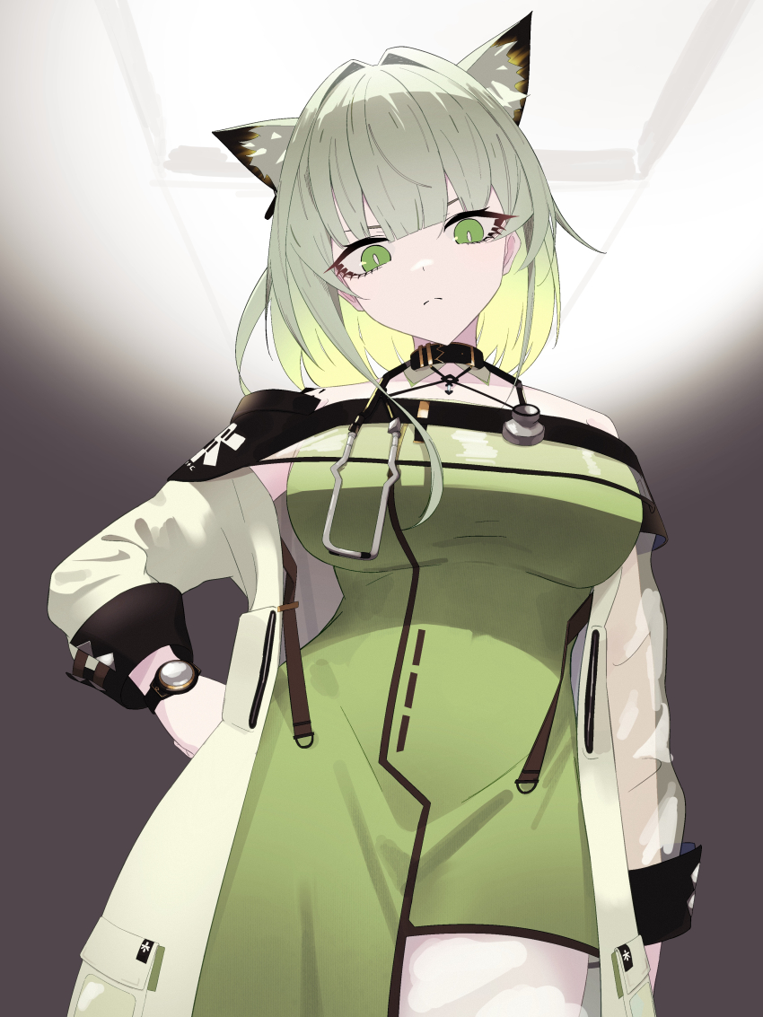 1girl absurdres animal_ear_fluff animal_ears arknights arm_at_side bare_shoulders blonde_hair breasts bright_pupils closed_mouth colored_inner_hair commentary cowboy_shot from_below green_eyes grey_hair halterneck hand_on_own_hip highres holding holding_stethoscope kal&#039;tsit_(arknights) large_breasts light_frown multicolored_hair off_shoulder short_hair sikakuinasu solo split_mouth standing stethoscope two-tone_hair watch white_pupils wristwatch
