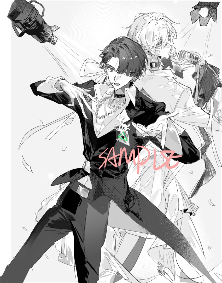 2boys absurdres back-to-back choker earrings greyscale highres jacket jewelry long_sleeves looking_at_viewer looking_back male_focus microphone monochrome multiple_boys original pants qyzhiaiyisheng ribbon shirt short_hair spot_color