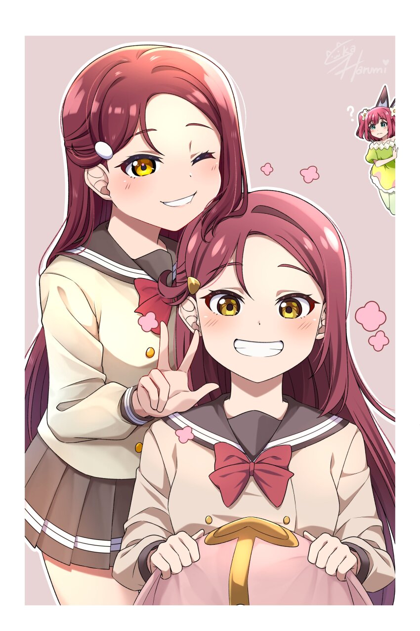 3girls absurdres birthday blush border breasts commentary dual_persona fairy genjitsu_no_yohane grin hat highres holding holding_unworn_clothes holding_unworn_hat kurosawa_ruby long_hair looking_at_viewer love_live! love_live!_sunshine!! medium_breasts multiple_girls one_eye_closed red_hair riko_(genjitsu_no_yohane) ruby_(genjitsu_no_yohane) sakurauchi_riko school_uniform ska.harumi smile unworn_hat unworn_headwear uranohoshi_school_uniform white_border yellow_eyes