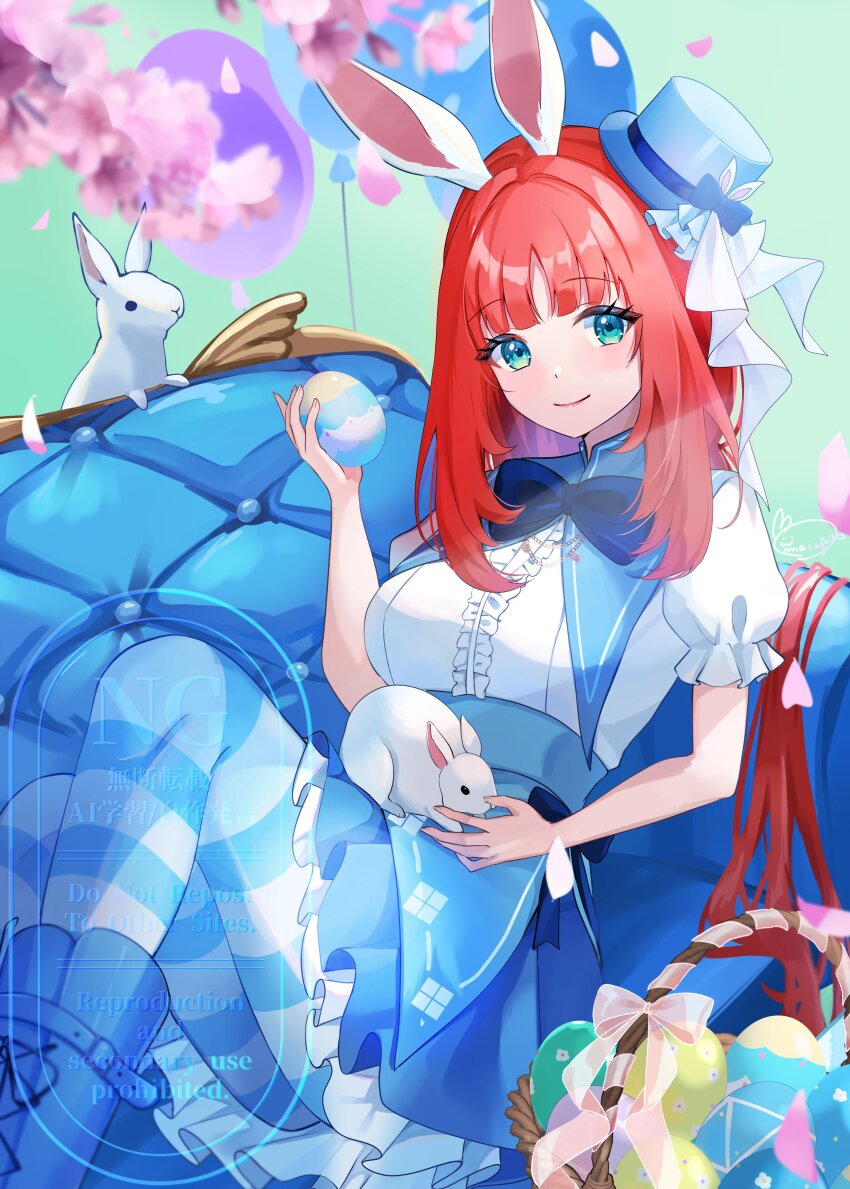 1girl 2others absurdres alternate_costume animal_ears aqua_eyes balloon basket blue_boots blue_bow blue_bowtie blue_hat blue_skirt blush boots bow bowtie breasts cherry_blossoms closed_mouth dress easter_egg egg genshin_impact hair_between_eyes hat highres long_hair looking_at_viewer marufus medium_breasts multiple_others nilou_(genshin_impact) pantyhose rabbit rabbit_ears red_hair short_sleeves skirt smile striped_clothes striped_pantyhose top_hat white_dress