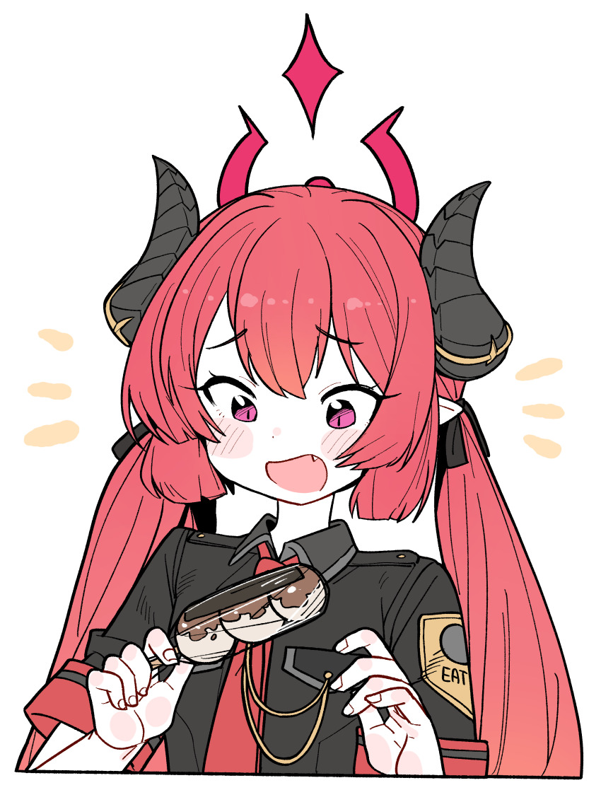 1girl absurdres black_shirt blue_archive blush demon_girl demon_horns fang food food_wrapper hair_between_eyes highres holding holding_food holding_skewer horns junko_(blue_archive) long_hair looking_at_object necktie open_mouth pink_eyes pointy_ears red_hair red_necktie shirt sidelocks skewer twintails wujurana