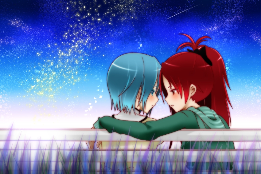 10s 2girls bench blue_eyes blue_hair blush casual eye_contact hair_ribbon long_hair looking_at_another mahou_shoujo_madoka_magica mahou_shoujo_madoka_magica_(anime) miki_sayaka multiple_girls p9 p9_(susisasimi) ponytail red_hair ribbon sakura_kyoko school_uniform short_hair yuri