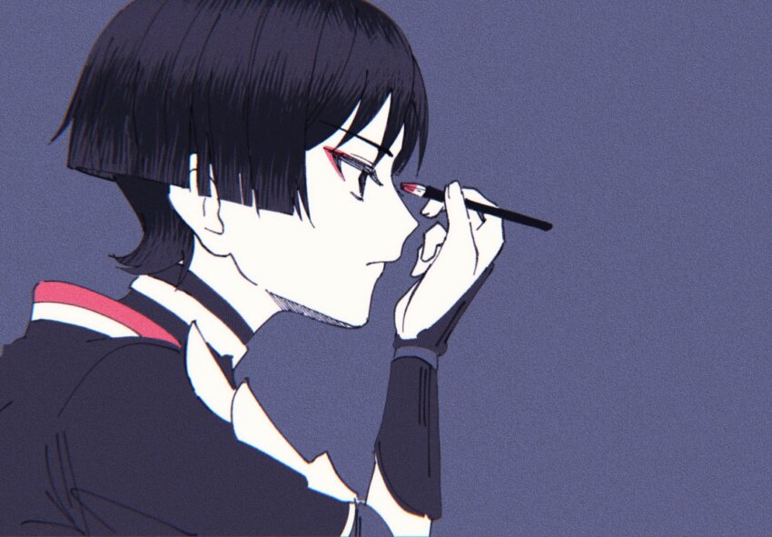 1boy applying_makeup bridal_gauntlets closed_mouth eyeliner from_side genshin_impact hair_between_eyes hand_up highres holding holding_brush japanese_clothes leaning_forward makeup makeup_brush nararan_116 red_eyeliner scaramouche_(genshin_impact) short_hair short_sleeves simple_background solo