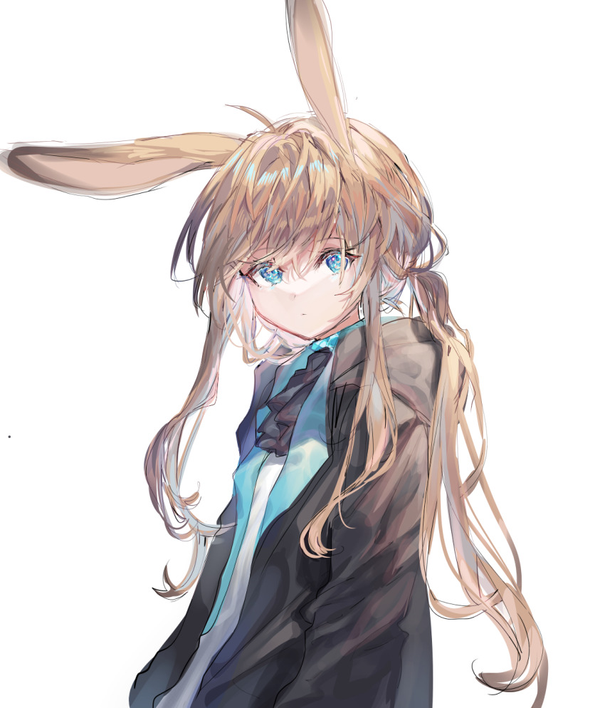 1girl 414_(hncx3355) amiya_(arknights) animal_ears arknights ascot black_ascot black_coat blue_eyes brown_hair closed_mouth coat commentary_request highres korean_commentary long_hair looking_at_viewer low_ponytail messy_hair open_clothes open_coat ponytail rabbit_ears shirt sidelocks solo upper_body very_long_hair white_shirt