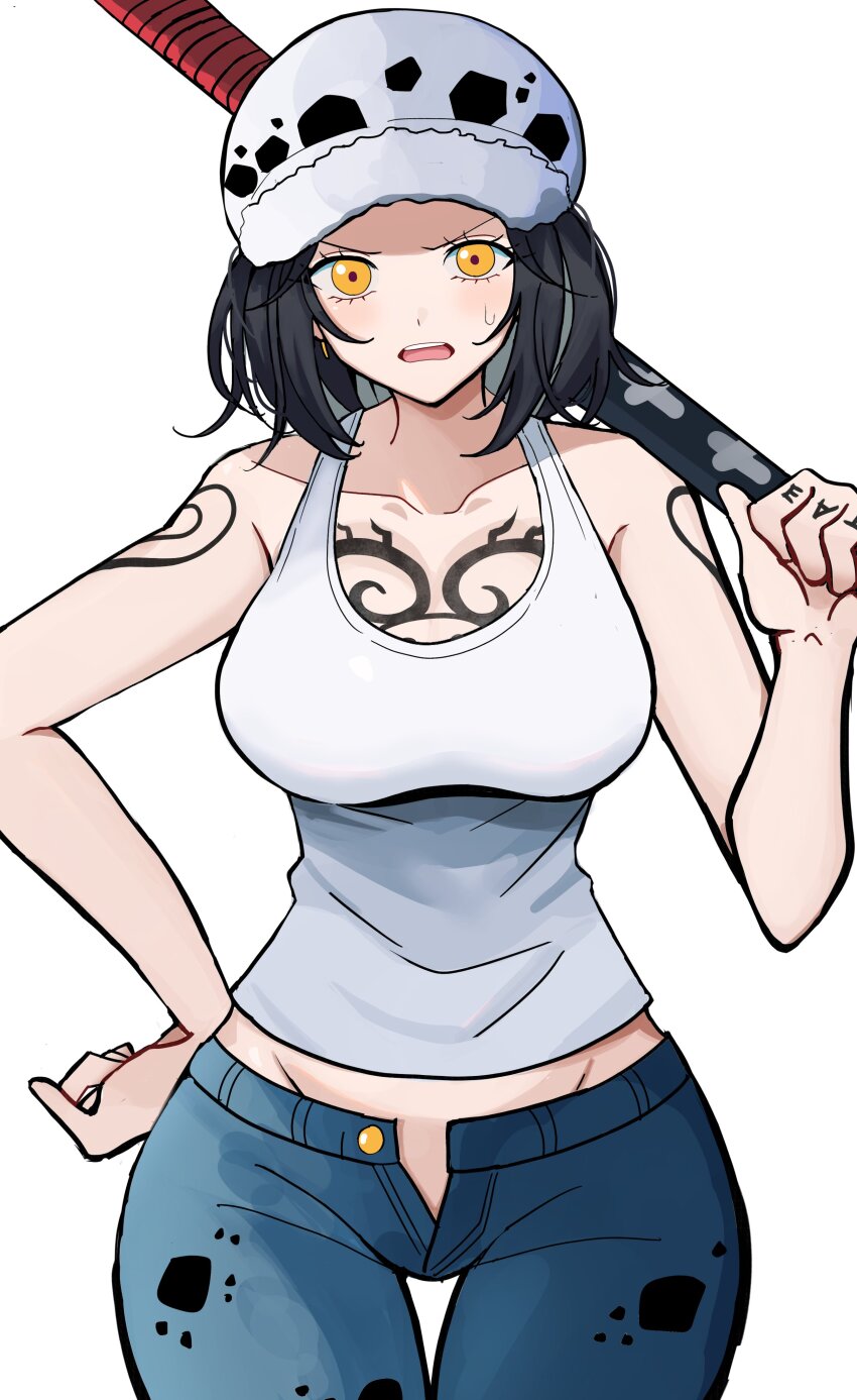 1girl absurdres arm_tattoo black_hair breasts canon_genderswap chest_tattoo commentary cowboy_shot curvy denim genderswap genderswap_(mtf) hand_on_own_hip hand_tattoo hat highres holding holding_sword holding_weapon jeans kasuga_kaya large_breasts medium_hair one_piece open_fly open_mouth open_pants pants solo sweatdrop sword tank_top tattoo trafalgar_law trafalgar_law_(female) weapon white_tank_top wide_hips yellow_eyes