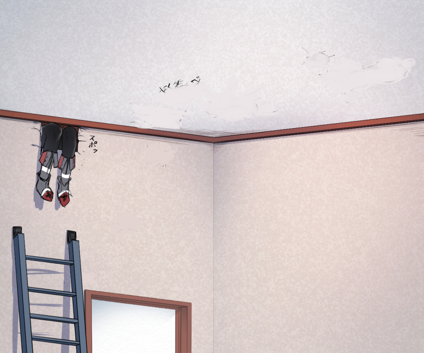 1girl admiral_hipper_(azur_lane) akaoni_(zumt3548) azur_lane black_thighhighs boots corner crack cracked_ceiling cracked_wall doorway from_below grey_footwear indoors ladder sound_effects thighhighs