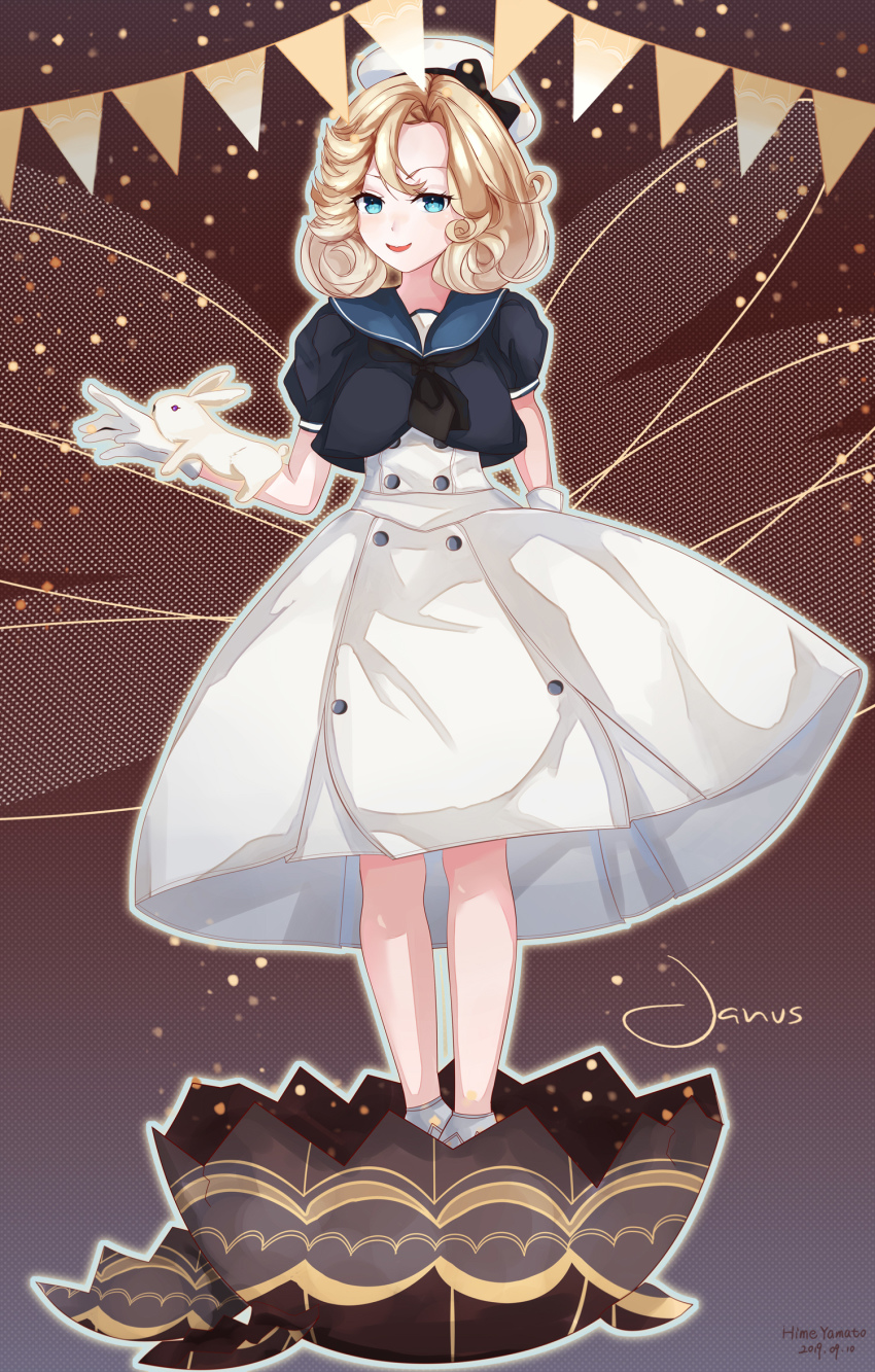 1girl 1other bad_id bad_pixiv_id black_neckwear black_shirt blonde_hair blue_eyes blue_sailor_collar brown_background cracked_egg cracked_shell dress egg eggshell full_body gloves hat highres himeyamato janus_(kancolle) kantai_collection looking_at_viewer rabbit sailor_collar sailor_dress sailor_hat shirt short_hair short_sleeves socks standing string_of_flags white_dress white_gloves white_hat white_socks