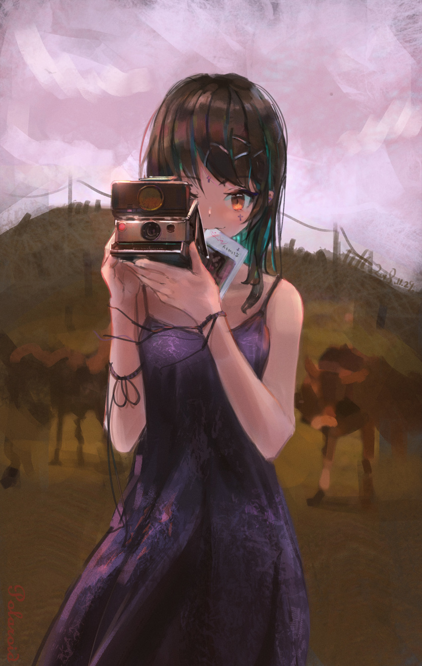 1girl black_hair bull camera cloud cloudy_sky cross dated female_focus hair_ornament highres long_hair looking_at_viewer mouth_hold original outdoors photo_(object) polaroid_photo scenery sky solo tifg39 upper_body yellow_eyes