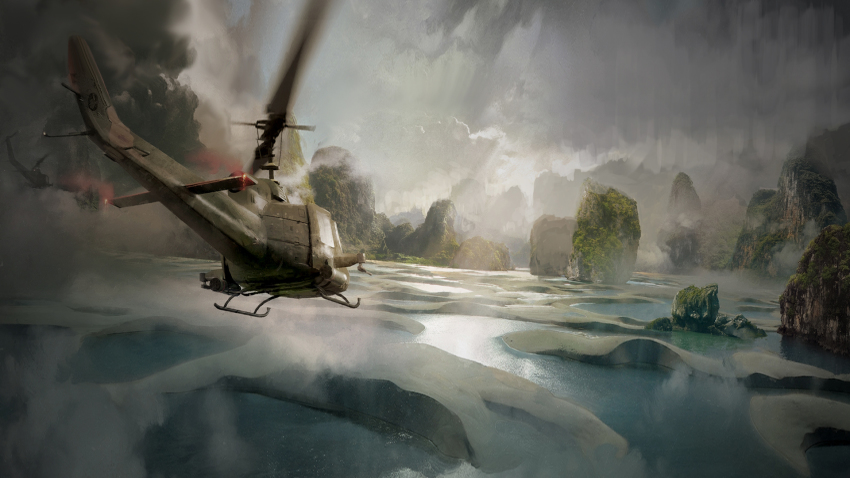 aircraft army artist_request beach bell_helicopter concept_art helicopter highres island jungle king_kong_(series) kong:_skull_island legendary_pictures military monsterverse nature ocean official_art plateau rainforest sand_dunes skull_island tree uh-1_iroquois utility_helicopter water
