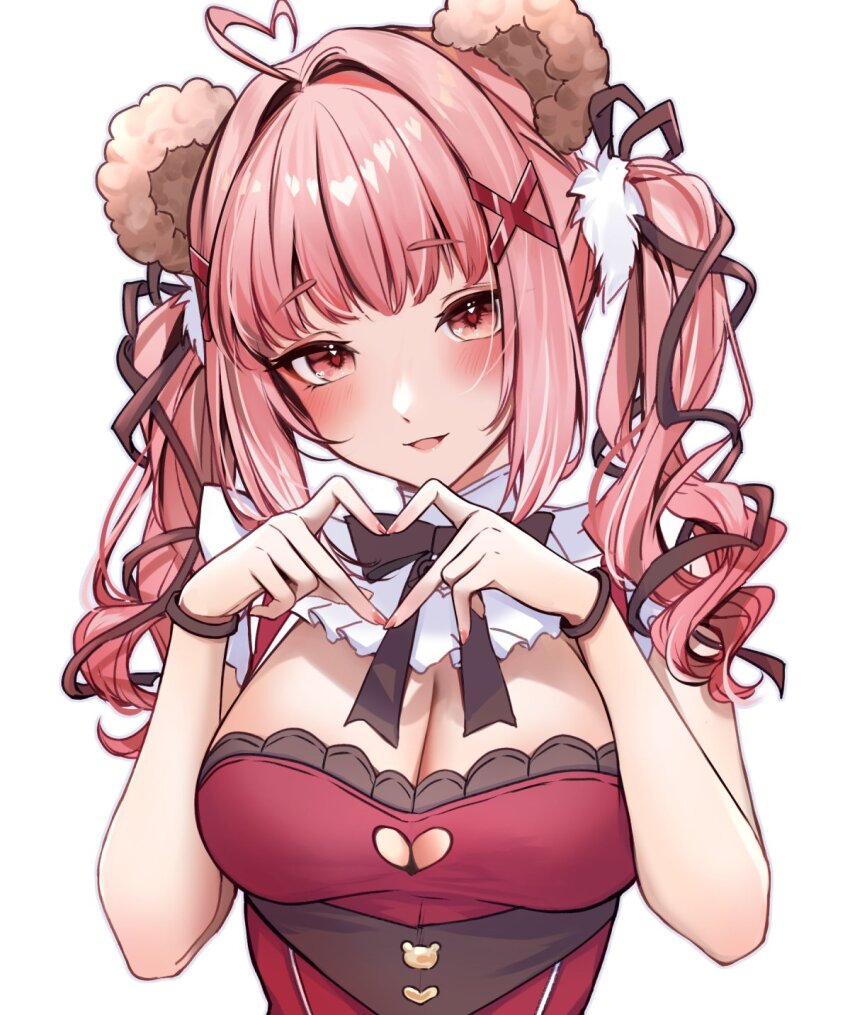 1girl animal_ears black_ribbon breasts carrot_(robosquat) cleavage clothing_cutout fake_animal_ears fingernails heart heart_cutout heart_hands highres indie_virtual_youtuber large_breasts looking_at_viewer merun_morino neck_ribbon open_mouth pink_eyes pink_nails ribbon simple_background smile solo upper_body white_background