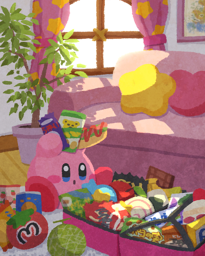 apollo_chocolate bag blue_eyes blush_stickers cake cantaloupe carpet chocolate couch curtains food food_focus fruit highres indoors invincible_candy kirby kirby_(series) leaf maxim_tomato melon miclot nintendo no_humans open_mouth pillow plant strawberry strawberry_shortcake suitcase takenoko_no_sato too_much_food umaibou window wooden_floor