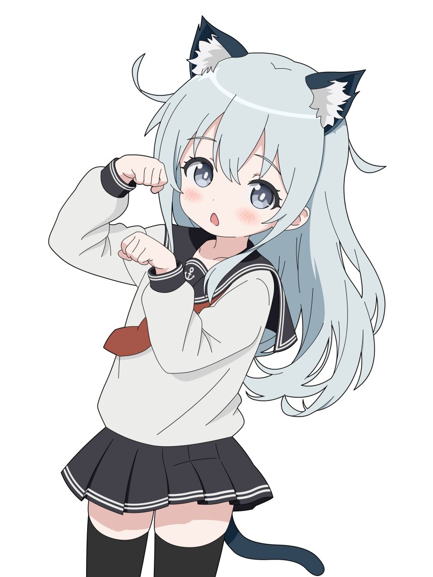 1girl absurdres animal_ears black_sailor_collar black_skirt black_thighhighs blue_eyes cat_ears cat_tail chestnut_mouth cowboy_shot hibiki_(kancolle) highres kantai_collection long_hair neckerchief paw_pose pleated_skirt red_neckerchief sailor_collar sailor_shirt school_uniform serafuku shirt simple_background skirt solo sugapi tail thighhighs white_background white_hair white_shirt
