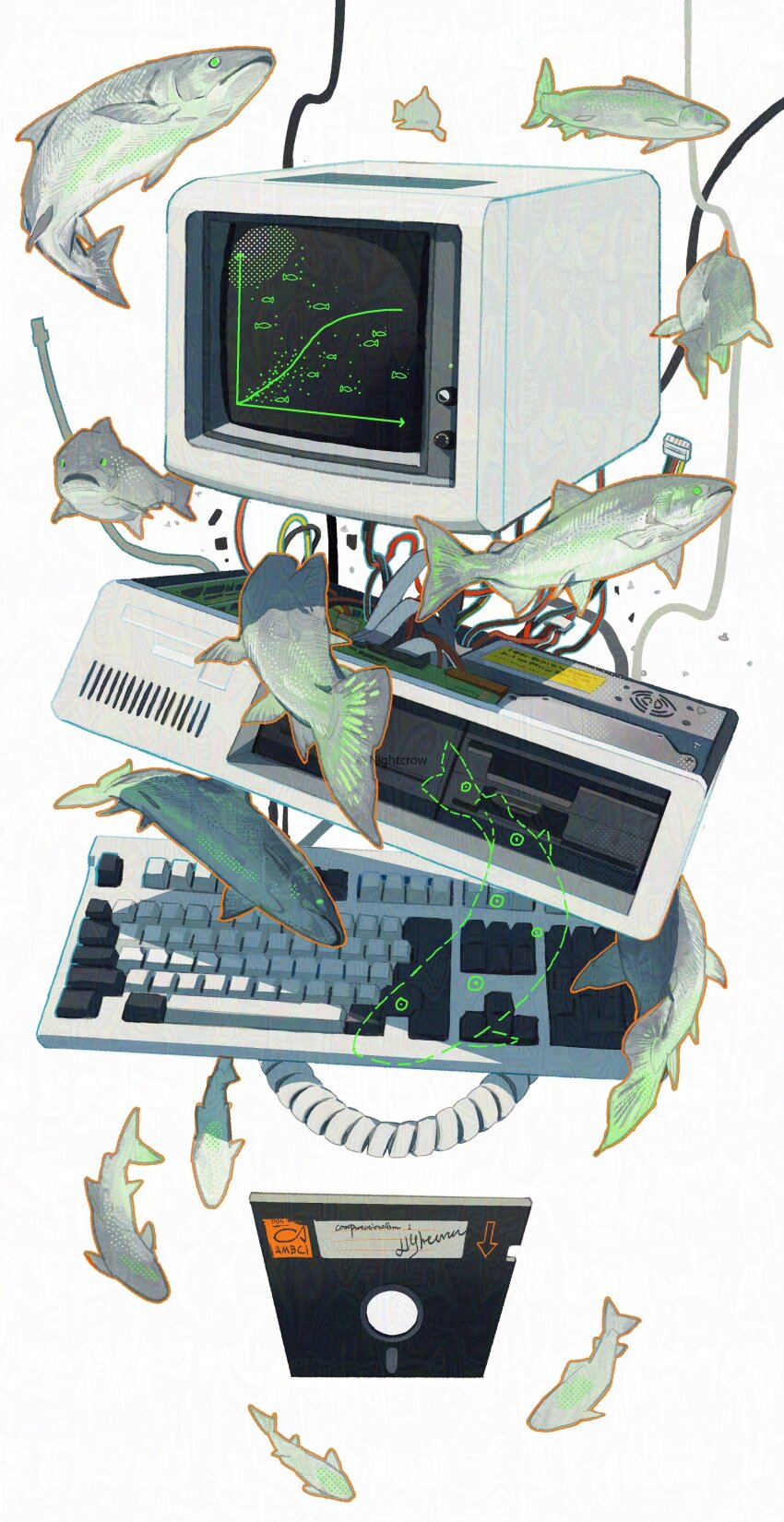 absurdres animal cable commentary computer computer_keyboard crt fish floating floating_object floppy_disk full_body highres nightcrow no_humans orange_outline original outline salmon_(fish) simple_background white_background