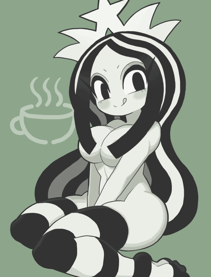 1girl black_eyes black_hair blush convenient_censoring crown gashi-gashi green_background green_theme highres long_hair monochrome multicolored_hair no_nose nude product_girl shadow smile solo starbucks starbucks_siren stb-chan streaked_hair striped_clothes striped_thighhighs thighhighs tongue tongue_out very_long_hair white_hair
