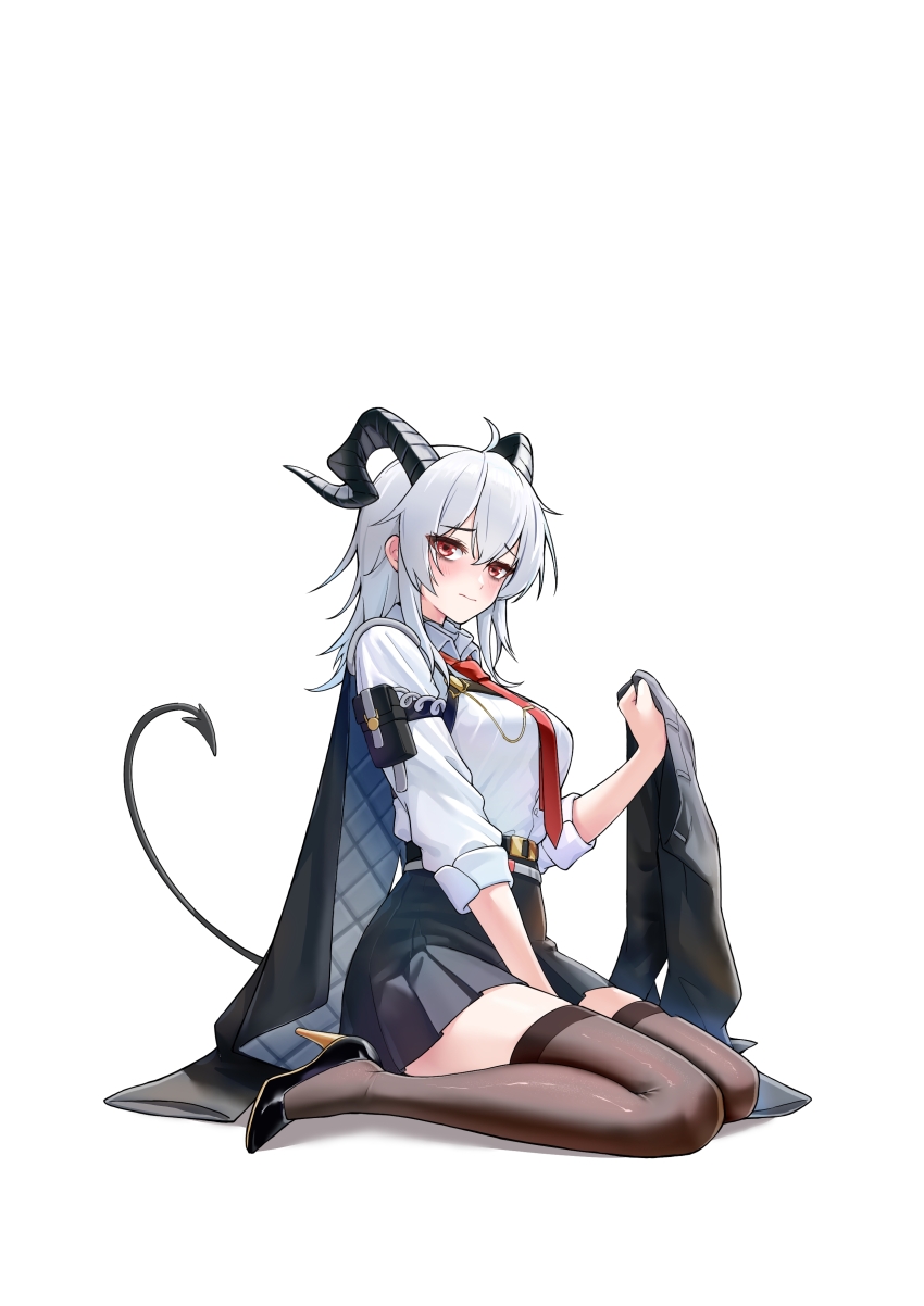 1girl absurdres adapted_costume arm_pouch between_legs black_horns black_jacket black_pants black_pouch black_shoes black_skirt black_tail black_thighhighs blush breasts chest_harness chinese_commentary closed_mouth collared_shirt commentary_request curled_horns demon_tail embarrassed grey_hair hair_between_eyes hand_between_legs harness high_heels highres holding_pants horns jacket jacket_on_shoulders large_breasts looking_at_viewer medium_hair necktie pants red_eyes red_necktie shirt shoes sidelocks simple_background sitting skirt sleeves_rolled_up solo tail thighhighs thighs unworn_pants wariza white_background white_shirt wuthering_waves xiaoyu_yao_(htx1993601) zani_(wuthering_waves)