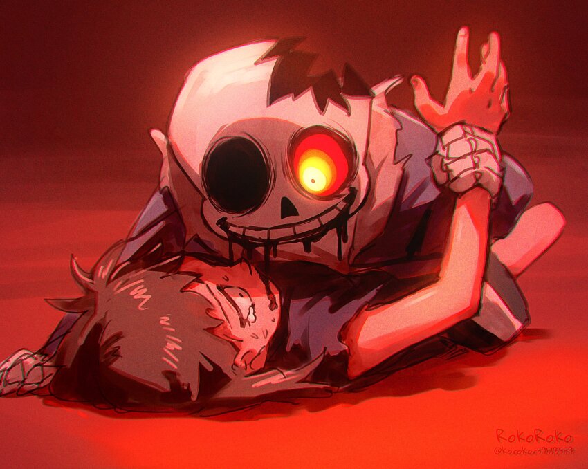 1boy 1other black_shorts blood blue_jacket frisk_(undertale) grin highres holding_another&#039;s_wrist hollow_eyes jacket korokor59513559 open_mouth pinned red_eyes sans_(undertale) scared shorts skeleton sketch smile sweat tearing_up teeth undertale