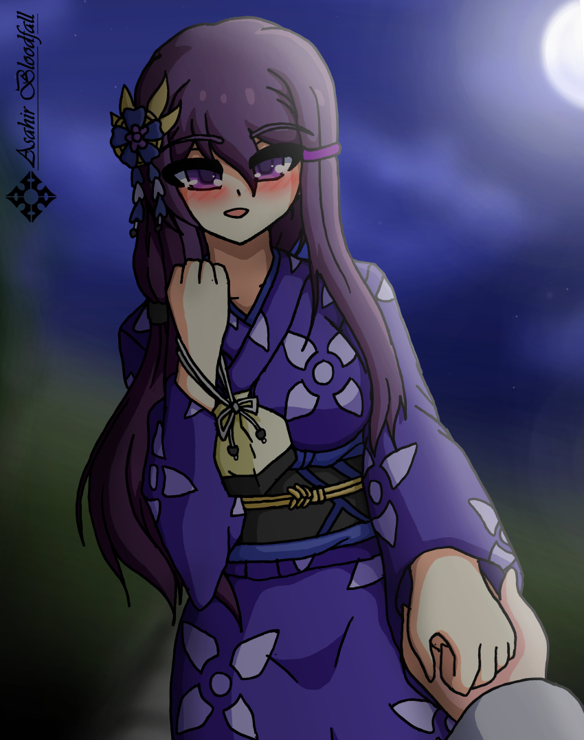 1boy 1girl absurdres asahir blush doki_doki_literature_club highres japanese_clothes kimono night purple_eyes purple_hair self-upload tagme yuri_(doki_doki_literature_club)