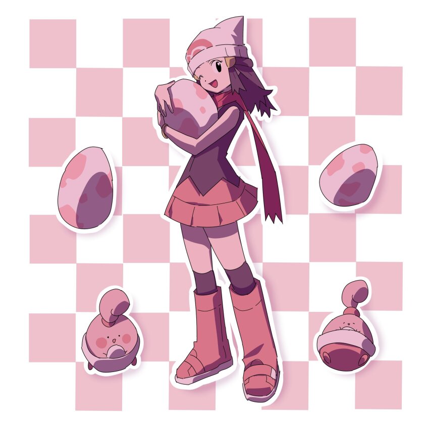 beanie bing_sin11239 boots dawn_(pokemon) egg full_body game_freak gen_4_pokemon happiny hat highres holding nintendo one_eye_closed open_mouth pink_boots pink_skirt poke_ball_print poke_ball_symbol pokemon pokemon_(creature) pokemon_dppt pokemon_egg poketch red_scarf scarf simple_background skirt watch wristwatch