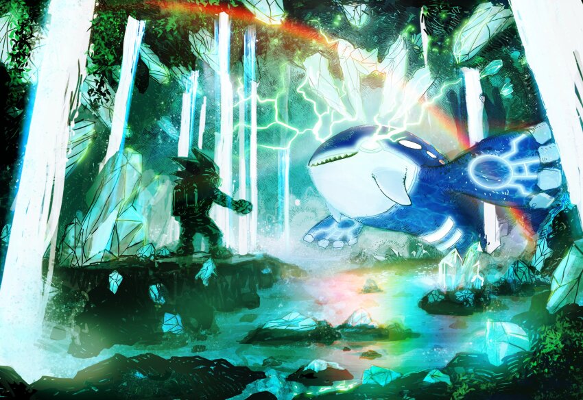 2024_pokemon_teraleak absurdres colored_sclera concept_art epic game_freak gen_3_pokemon glowing glowing_eyes highres kyogre legendary_pokemon looking_at_another nintendo no_humans official_art open_mouth outdoors pokemon pokemon_(creature) pokemon_oras pokemon_oras_(prototype) production_art sharp_teeth standing tail teeth