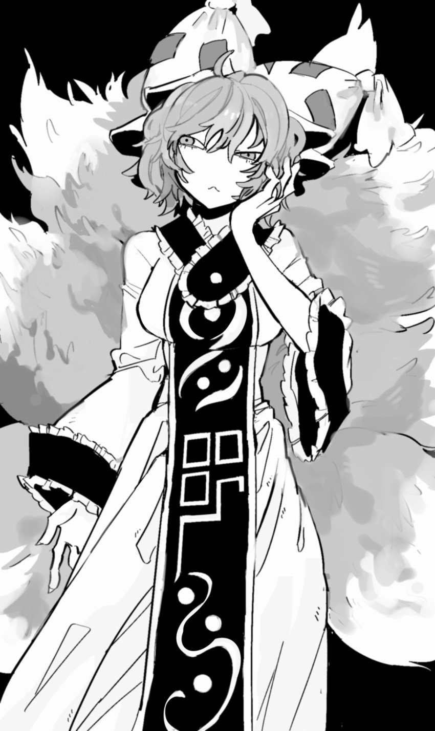 1girl fox_tail greyscale hand_on_own_cheek hand_on_own_face hat highres mob_cap monochrome solo soumenhiyamugi tail touhou yakumo_ran