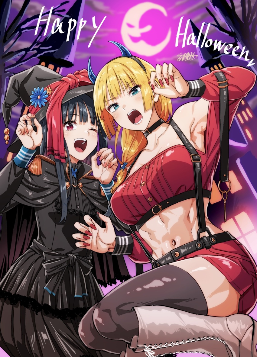 2girls black_dress black_hair black_thighhighs blonde_hair blue_eyes boots breasts castle claw_pose demon_horns dress feet_out_of_frame halloween halloween_costume happy_halloween hat highres horns large_breasts long_hair looking_at_viewer moon multiple_girls nail_polish navel okiku-san_wa_ichatsukitai okiku_(yunochiri04) one_eye_closed open_mouth outdoors red_eyes red_skirt ryouyou_hijiri skirt standing stomach thighhighs tree white_boots witch witch_hat yuinochiri04
