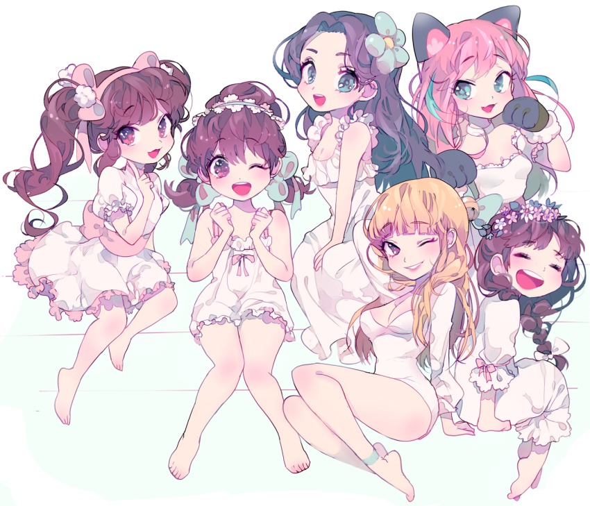 10s 5girls :3 :d ;d alternate_costume alternate_hairstyle animal_ears animal_hands ankle_cuffs aqua_eyes aqua_hair arm_behind_head armband back-to-back bare_legs barefoot black_hair blonde_hair blue_bow blue_eyes blue_flower blunt_bangs blush bow braid breasts brown_eyes brown_hair cat_ears chibimi chibita choker cleavage clenched_hands dress eyebrows fang flower flower_fairy_(osomatsu-kun) flower_girl_(osomatsu-kun) frilled_dress frilled_sleeves frills full_body genderswap genderswap_(mtf) gloves hair_bow hair_flower hair_intakes hair_ornament hair_over_shoulder hairband hashimoto_nyaa head_wreath highres index_finger_raised iyami iyayo jyushimatsu&#039;s_girlfriend knees_together_feet_apart laughing leotard long_dress long_hair long_sleeves looking_at_viewer low_twintails medium_breasts multicolored_hair multiple_girls one_eye_closed open_mouth osomatsu-kun osomatsu-san osomatsu_(series) parted_bangs paw_gloves paw_pose pink_bow pink_hair pink_ribbon pom_pom_(clothes) puffy_short_sleeves puffy_sleeves ribbon sash short_sleeves short_twintails sitting sleeveless sleeveless_dress smile streaked_hair twintails vivinos white_dress yowai_totoko
