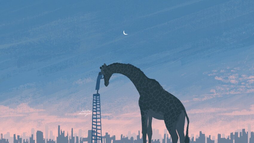 1girl absurdres animal animal_focus city cloud commentary_request crescent_moon dated dress dusk giraffe hand_on_another&#039;s_face highres ladder moon nothingblues_yuki original signature sky