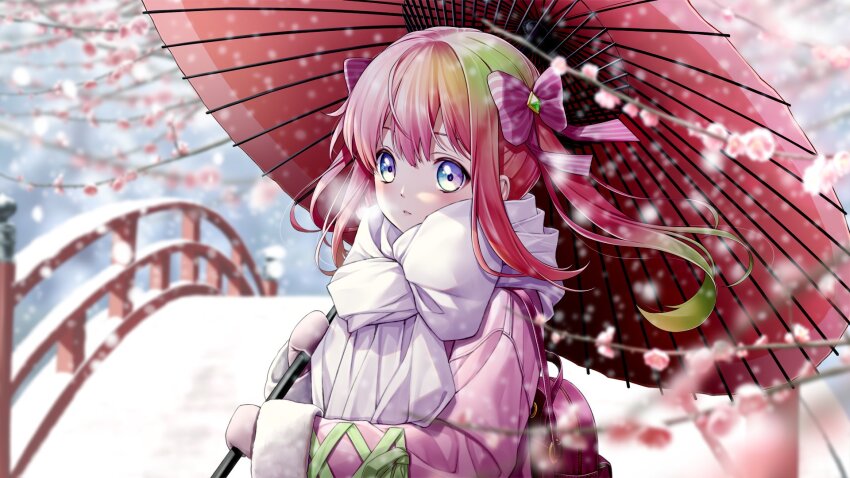 1girl amai_raspberry blurry blush bow branch bridge commentary_request depth_of_field diamond_(shape) fenrir_(fenlil0316) gradient_hair green_hair hair_bow highres holding holding_umbrella mittens multicolored_eyes multicolored_hair official_art oil-paper_umbrella pink_bow pink_hair razz_production scarf second-party_source snow solo striped_bow twintails umbrella white_scarf