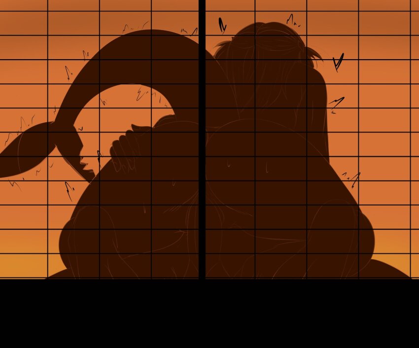 1boy 1girl ass commentary fins fish_tail from_behind fuzzlogik gawr_gura highres hololive hololive_english orange_background sex shark_girl shark_tail silhouette simple_background solo_focus tail vaginal virtual_youtuber