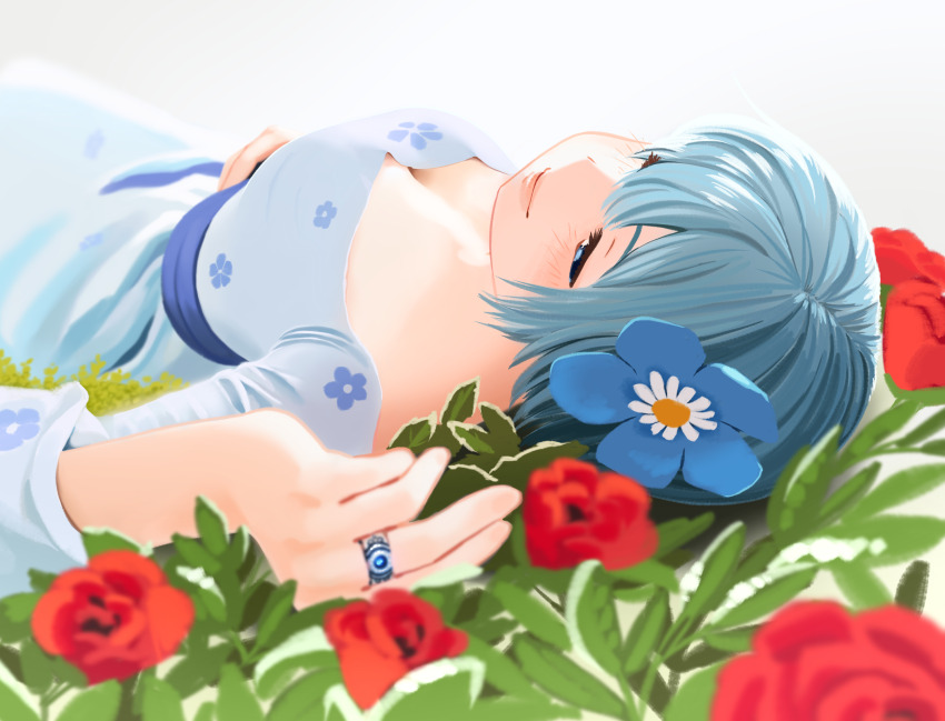 1girl blue_dress blue_eyes blue_hair blue_sash breasts cleavage commentary dress english_commentary flower gloamy highres jewelry lying mahou_shoujo_madoka_magica mahou_shoujo_madoka_magica_(anime) miki_sayaka on_back on_ground photo-referenced poppy_(flower) ring sash short_hair solo