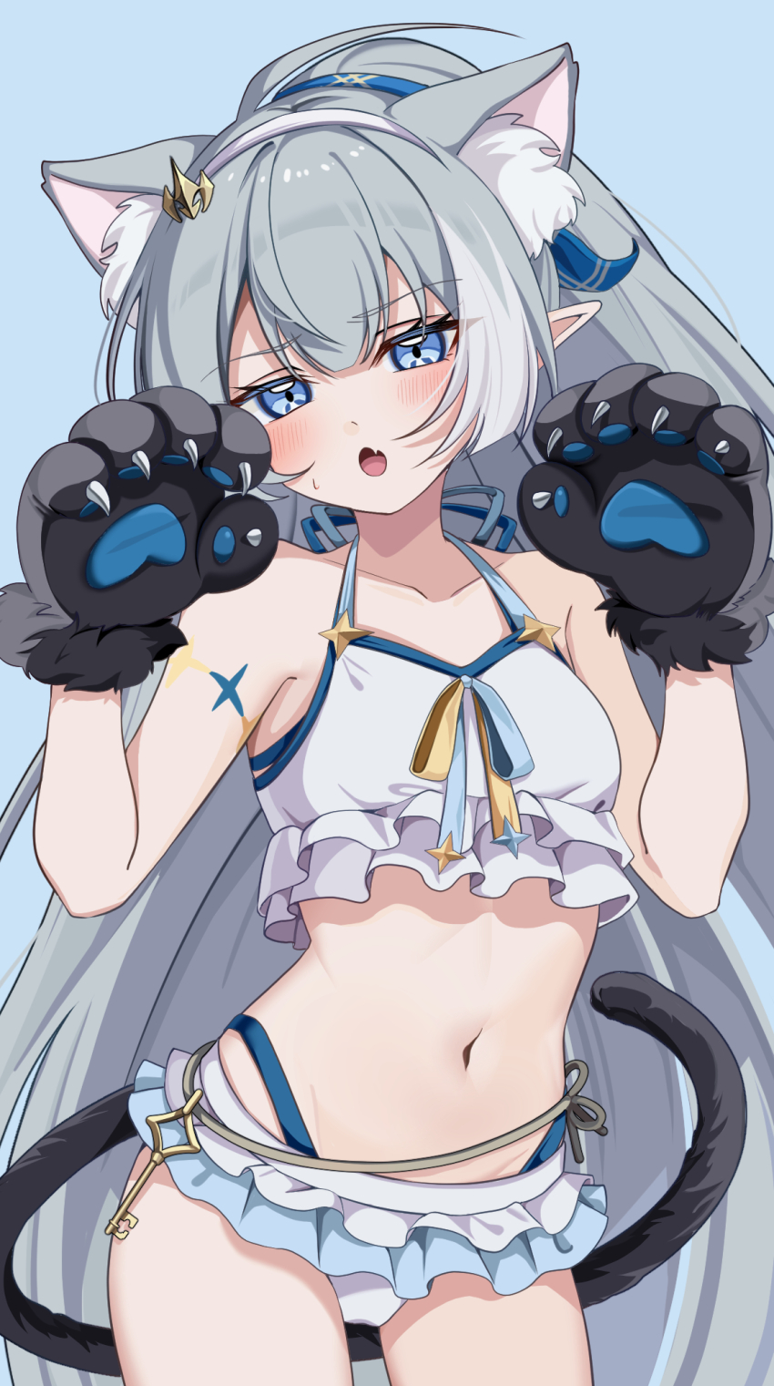 1girl :o animal_ears animal_hands bare_shoulders bikini bikini_skirt blue_background blue_bikini blue_eyes blush cat_ears cat_tail collarbone commentary cowboy_shot extra_pupils fang female_tyrant_(stella_sora) frilled_bikini frills gloves grey_hair head_tilt high_ponytail highres kano3 kemonomimi_mode key long_hair looking_at_viewer navel official_alternate_costume official_alternate_hairstyle paw_gloves paw_pose pointy_ears ponytail simple_background skin_fang solo standing stella_sora stomach sweatdrop swimsuit tail thigh_gap thighs tyrant_(stella_sora) very_long_hair white_bikini
