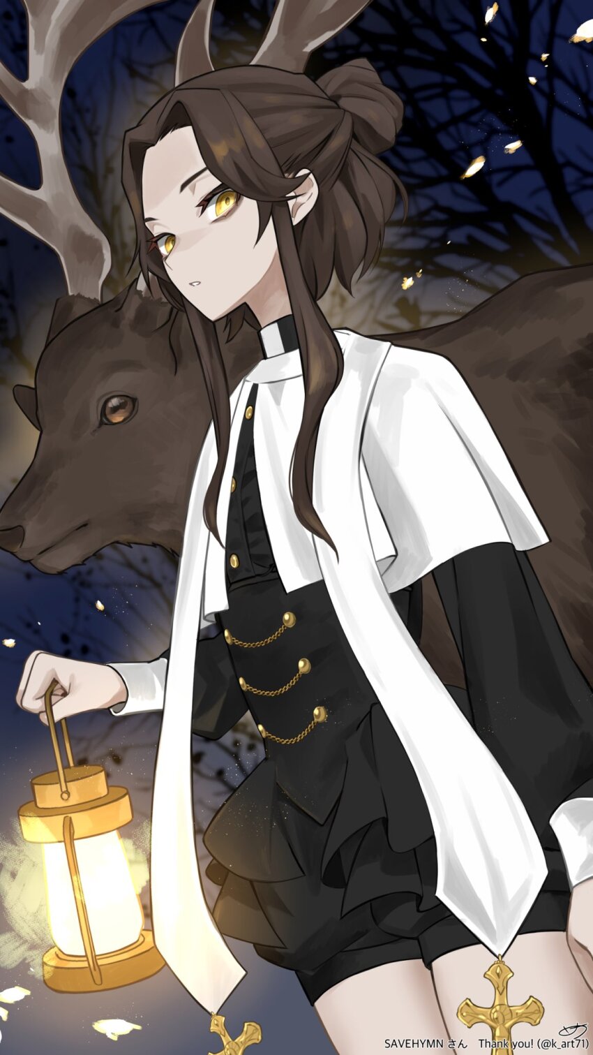 1girl animal bare_tree brown_hair character_name clerical_collar commission cross deer highres holding holding_lantern horizontal_pupils indie_virtual_youtuber k_(art71) lantern meredith_savehymn night night_sky priest sidelocks signature skeb_commission sky stole thank_you tree virtual_youtuber yellow_eyes