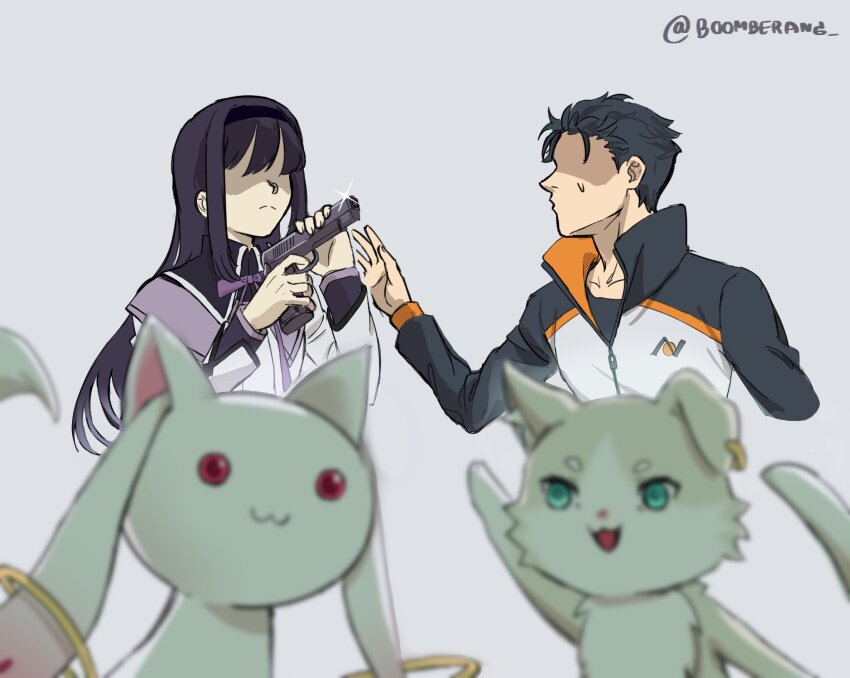 1boy 1girl :3 akemi_homura akemi_homura_(magical_girl) black_hair boomberang cocking_gun commentary crossover earrings english_commentary frown glint green_eyes gun handgun highres holding holding_gun holding_weapon jacket jewelry kyubey long_hair looking_down mahou_shoujo_madoka_magica mahou_shoujo_madoka_magica_(anime) natsuki_subaru no_eyes pants puck_(re:zero) purple_hair re:zero_kara_hajimeru_isekai_seikatsu red_eyes shaded_face short_hair single_earring sweatdrop track_jacket track_pants track_suit waving weapon white_background