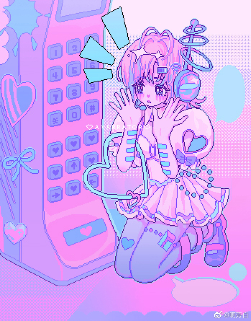 1girl anklet antenna_hair apangbai_(anarrator) artist_name bandaid bandaid_on_arm blank_speech_bubble blue_eyes blue_headphones blue_outline blue_pantyhose blue_ribbon blush bow bright_pupils clothing_cutout dress frilled_sleeves frills full_body gradient_background hair_intakes hands_up headset heart heart_cutout heart_print highres jewelry kneeling leglet limited_palette looking_ahead mary_janes medium_hair notice_lines original outline oversized_object pantyhose parted_lips pastel_colors phone pink_background pink_hair pixel_art pleated_skirt puffy_short_sleeves puffy_sleeves purple_bow purple_shoes ribbon shoes short_dress short_sleeves shoulder_cutout skirt sleeve_bow solo sparkle speech_bubble surprised talking thigh_strap two-sided_sleeves watermark weibo_watermark white_dress white_pupils