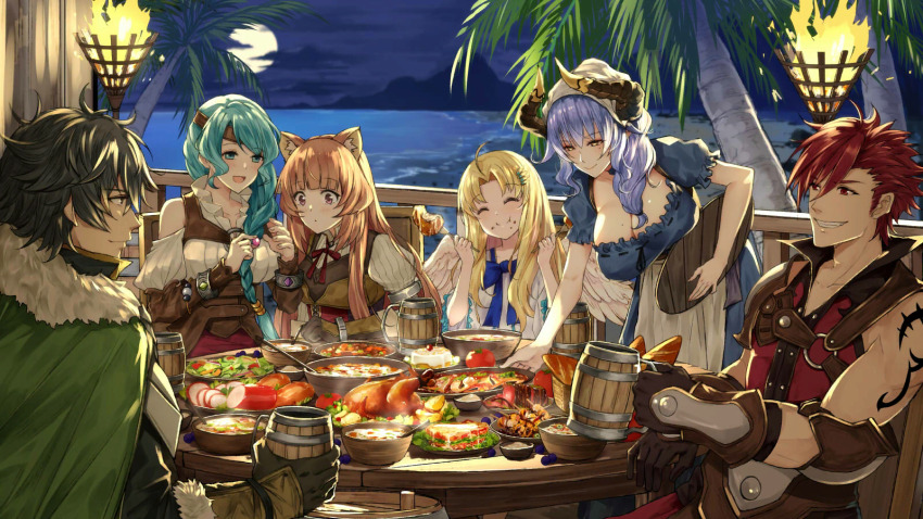 2boys 4girls :i animal_ear_fluff animal_ears aqua_eyes aqua_hair arm_tattoo beach black_gloves black_hair blonde_hair blue_bow blue_dress blue_hair bow breasts brown_dress brown_eyes brown_hair brown_headband brown_horns cape character_request cleavage closed_eyes cloud cup dress eating feast feathered_wings filo_(tate_no_yuusha_no_nariagari) food food_on_face food_request fork full_moon fur-trimmed_cape fur_trim game_cg gem gloves green_cape grin headband highres holding holding_cup holding_fork holding_gem horns iwatani_naofumi l&#039;arc_berg_sickle large_breasts long_hair low-tied_long_hair messy_hair mole mole_on_breast mole_under_eye moon mug multiple_boys multiple_girls night night_sky non-web_source ocean official_art open_mouth palm_tree plate purple_eyes purple_gemstone raphtalia red_eyes red_hair red_vest round_table side_ponytail sky smile table tate_no_yuusha_no_nariagari tate_no_yuusha_no_nariagari_rise tattoo therese_alexanderite tomato torch tree turkey_(food) vegetable vest white_dress white_wings wings wooden_table yellow_eyes