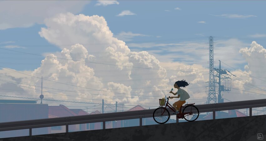 1girl bare_arms basket bicycle black-framed_eyewear black_hair blue_shoes blue_sky cargo_shorts cloud commentary_request dark-skinned_female dark_skin day floating_clothes floating_hair food full_body glasses highres holding holding_food holding_popsicle house kosian long_hair orange_shorts original outdoors popsicle power_lines railing riding road shirt shoes short_sleeves shorts signature sky sneakers socks solo street white_shirt white_socks