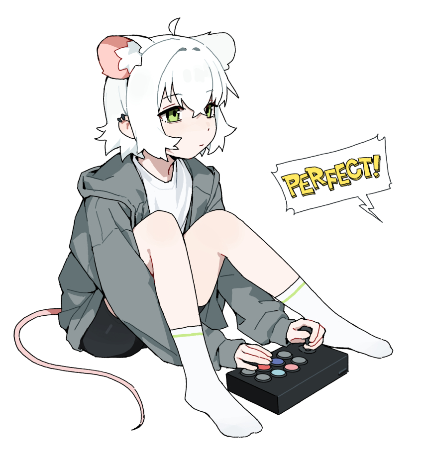 ahoge animal_ear_fluff animal_ears black_shorts controller earrings game_controller green_eyes highres jacket jewelry knees_up mouse_ears mouse_girl mouse_tail open_clothes open_jacket original perl_(vertigris) shirt short_hair shorts sitting socks tail vertigris white_background white_hair white_shirt white_socks