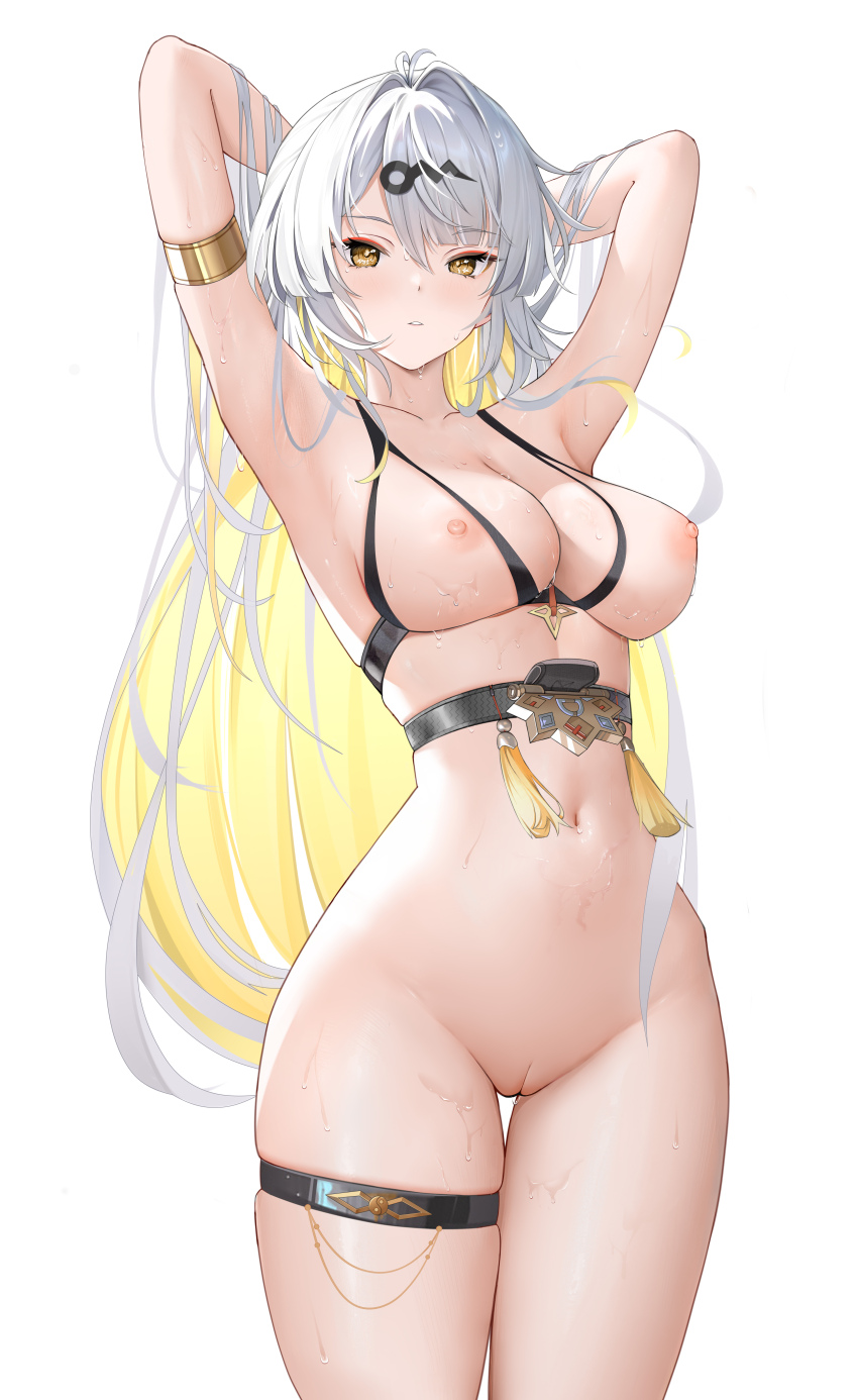 1girl absurdres alternate_costume armlet armpits arms_behind_head bikini bikini_top_only blhazx blonde_hair blush bottomless breasts chinese_commentary cleavage cleft_of_venus collarbone colored_inner_hair commentary_request cowboy_shot cupless_bikini groin hair_intakes hair_ornament highres jewelry large_breasts long_hair looking_at_viewer multicolored_hair navel parted_lips presenting_armpit pussy simple_background skindentation solo stomach swimsuit thigh_gap thigh_strap thighs very_long_hair wet white_background white_hair yellow_eyes yixuan_(zenless_zone_zero) zenless_zone_zero