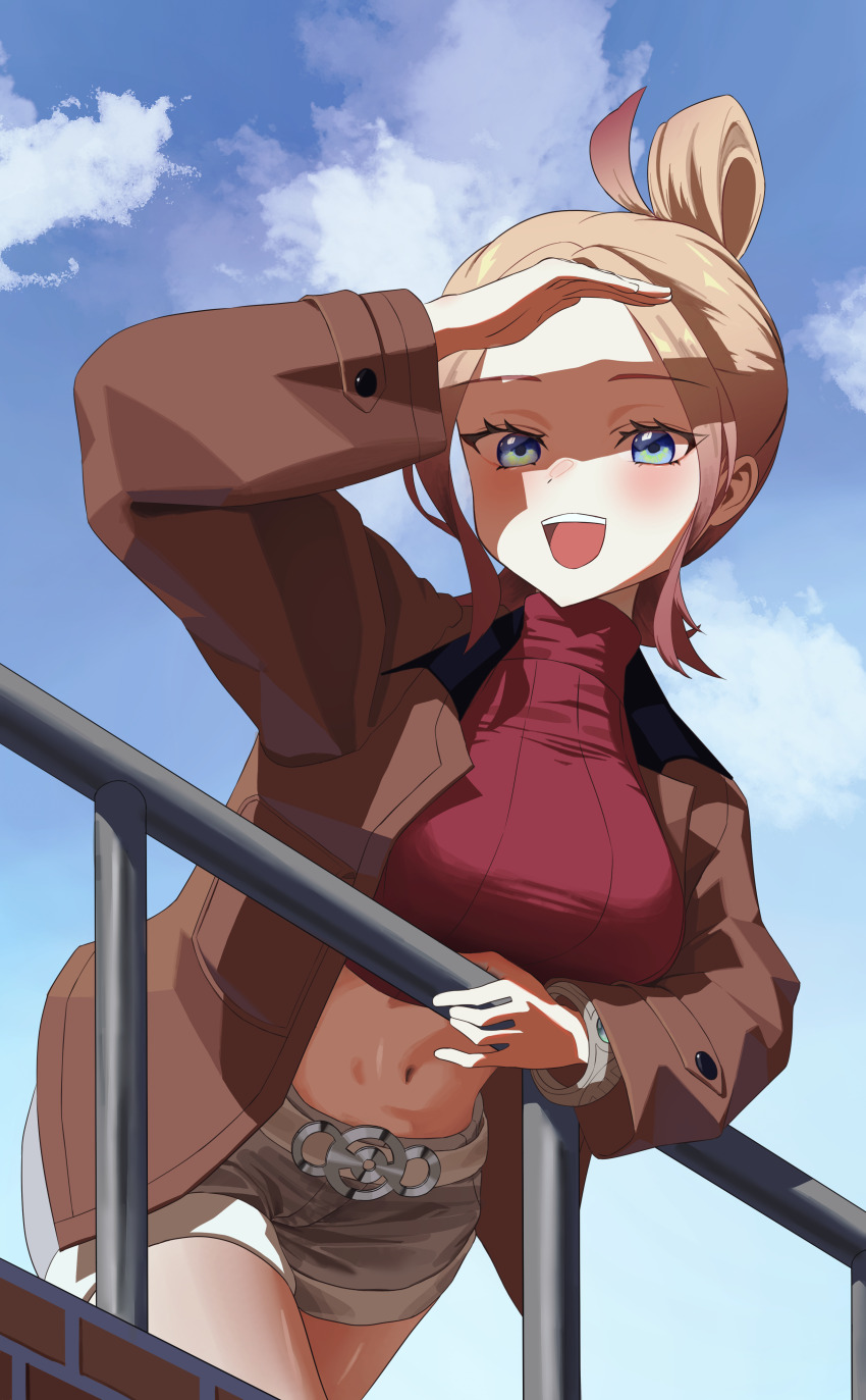 1girl absurdres against_railing belt bent_over blonde_hair blue_eyes blush breasts brown_jacket cloud cloudy_sky cowboy_shot crop_top forehead from_below game_freak gradient_hair hair_bun highres jacket large_breasts long_sleeves looking_at_viewer medium_hair mega_ring midriff multicolored_hair navel nintendo open_clothes open_jacket open_mouth parted_bangs pink_eyebrows pokemon pokemon_legends:_z-a railing red_shirt ribbed_shirt selopangji shading_eyes shirt shorts sidelocks sky smile solo taunie_(pokemon) taut_clothes taut_shirt turtleneck turtleneck_shirt white_shorts