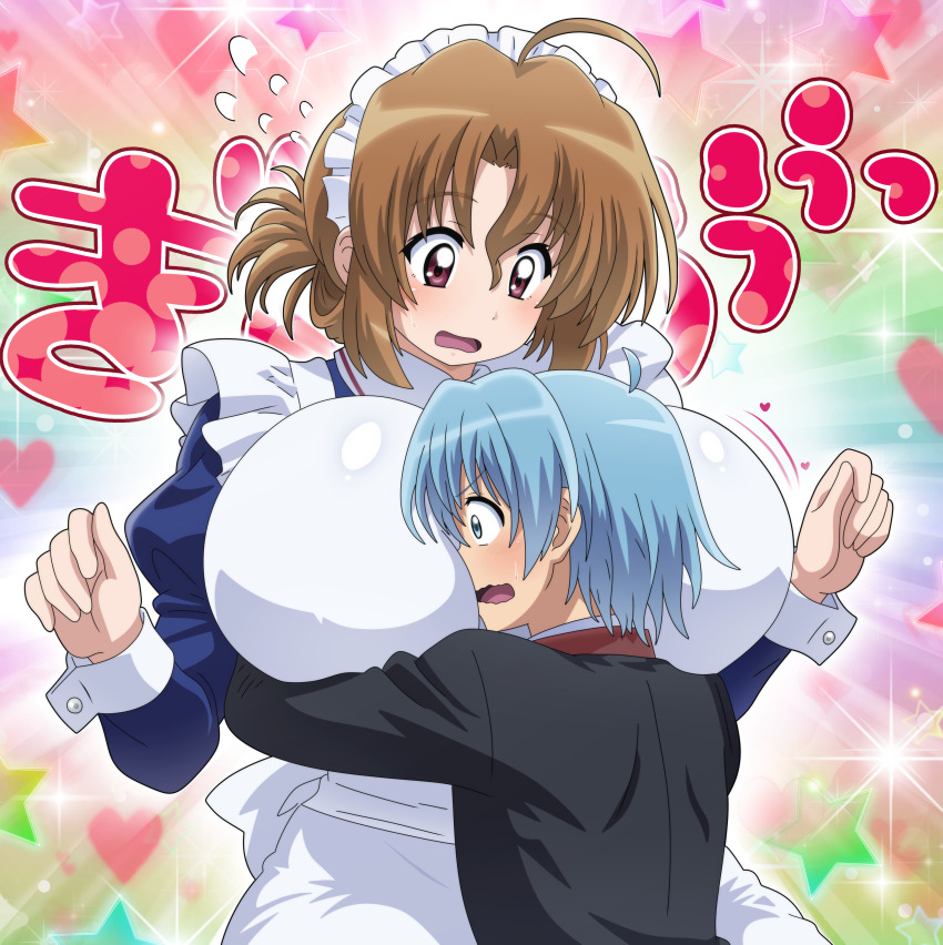 1boy 1girl absurdres alternate_breast_size apron ayasaki_hayate blue_eyes blue_hair blush breasts brown_hair dress folded_ponytail formal_clothes hayate_no_gotoku! head_on_another&#039;s_chest head_on_chest highres hitokiwa_kenchin hug huge_breasts long_hair maid maid_headdress maria_(hayate_no_gotoku!) red_eyes short_hair suit