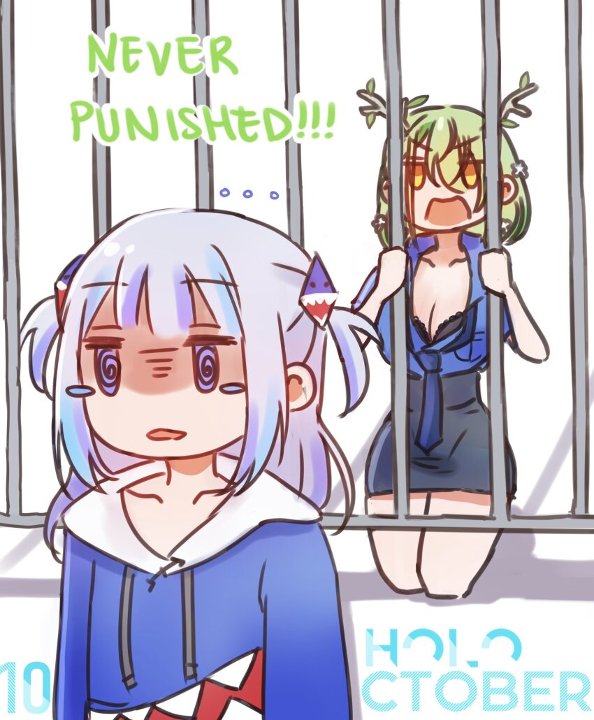 2girls @_@ alternate_costume antlers bars blue_eyes blue_hair bra breasts ceres_fauna cleavage commentary english_commentary english_text flatwani gawr_gura gawr_gura_(1st_costume) green_hair highres hololive hololive_english horns iron_bars long_hair medium_breasts multicolored_hair multiple_girls police police_uniform policewoman prison streaked_hair underwear virtual_youtuber